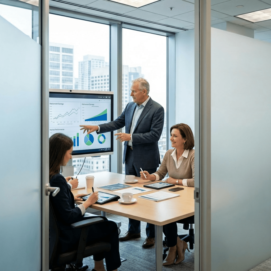 Financial advisors discuss a retirement savings graph during a meeting at Capital Partners Group.