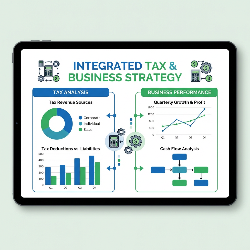 Infographic titled Integrated Tax & Business Strategy displaying Tax Analysis and Business Performance data visualizations.